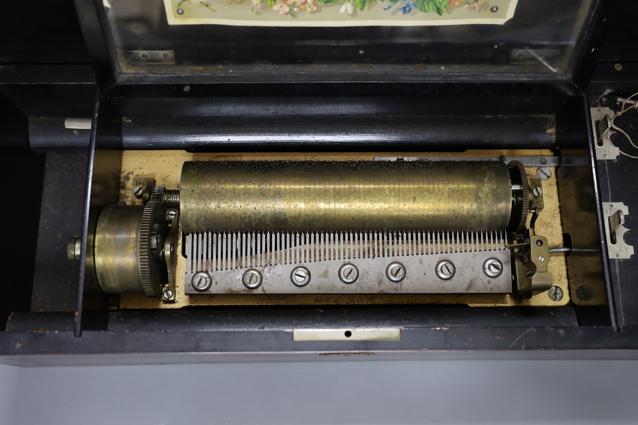 A 19th century Swiss 8 air music box, cylinder length 23.5cm